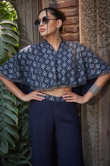 Shop_Bohame_Blue Georgette Beads, Keira Geometric Chikankari Embroidered Cape Sharara Set 