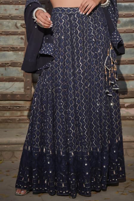 Bohame_Blue Georgette Beads, Sequins Tara Geometric Chikankari Embroidered Lehenga Set _Online_at_Aza_Fashions