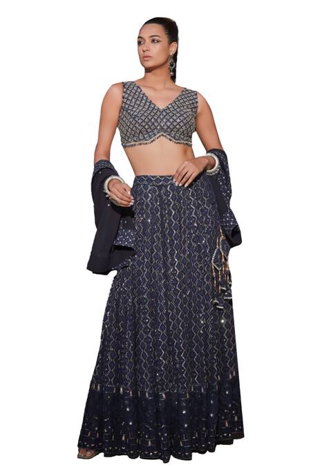 Buy_Bohame_Blue Georgette Beads, Sequins Tara Geometric Chikankari Embroidered Lehenga Set _Online_at_Aza_Fashions