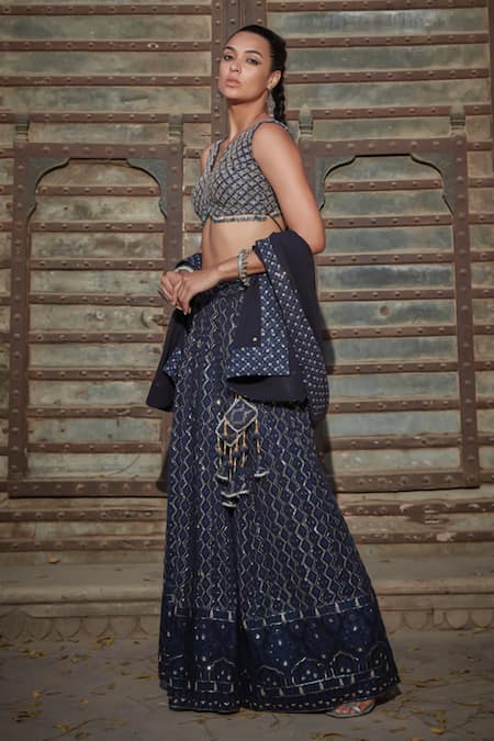 Shop_Bohame_Blue Georgette Beads, Sequins Tara Geometric Chikankari Embroidered Lehenga Set _Online_at_Aza_Fashions
