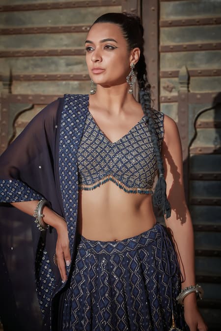 Bohame_Blue Georgette Beads, Sequins Tara Geometric Chikankari Embroidered Lehenga Set _at_Aza_Fashions