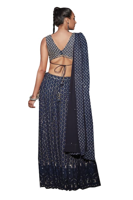Buy_Bohame_Blue Georgette Beads, Sequins Tara Geometric Chikankari Embroidered Lehenga Set 