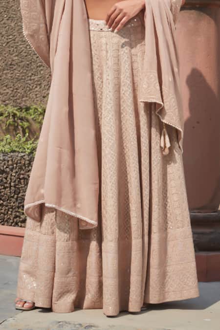 Bohame_Gold Georgette Beads, Sequins, Mirrors Kelly Chikankari Embroidered Lehenga Set _Online_at_Aza_Fashions