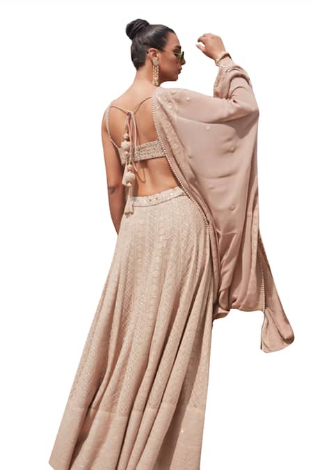 Buy_Bohame_Gold Georgette Beads, Sequins, Mirrors Kelly Chikankari Embroidered Lehenga Set _Online_at_Aza_Fashions