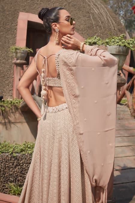 Shop_Bohame_Gold Georgette Beads, Sequins, Mirrors Kelly Chikankari Embroidered Lehenga Set _Online_at_Aza_Fashions