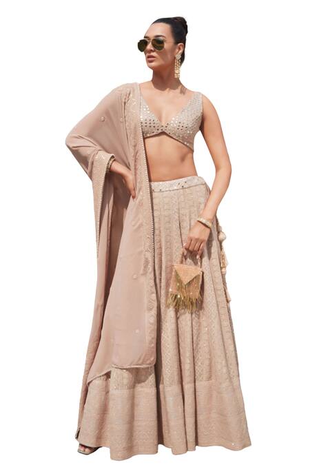 Shop_Bohame_Gold Georgette Beads, Sequins, Mirrors Kelly Chikankari Embroidered Lehenga Set 