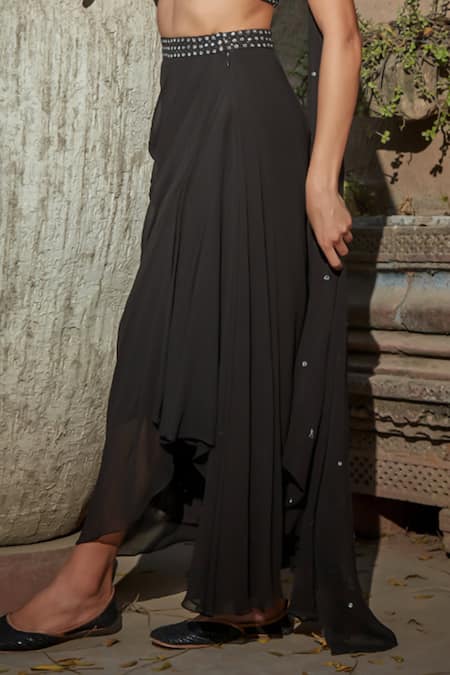 Buy_Bohame_Black Georgette Casey Pleated Pre-draped Saree With Attached Drape Blouse _Online_at_Aza_Fashions