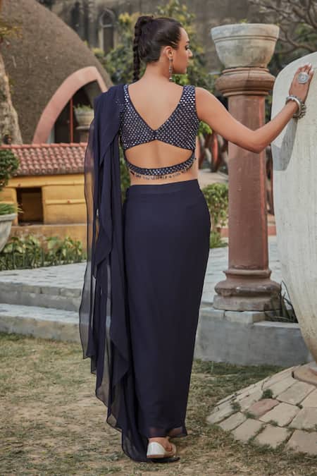 Bohame Maureen Plain Pre-Draped Saree With Mirrorwork Blouse 