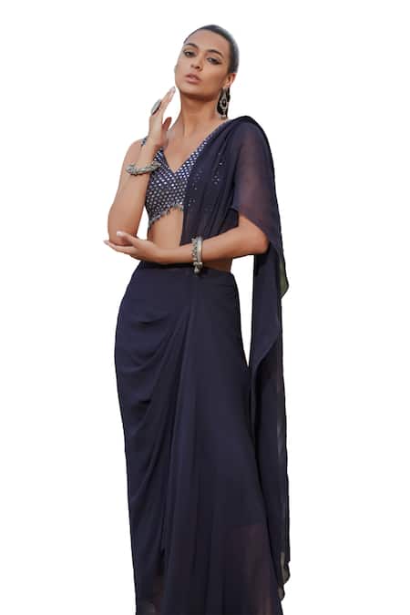 Shop_Bohame_Blue Georgette Embroidery, Mirrors Maureen Plain Pre-draped Saree With Blouse _Online_at_Aza_Fashions