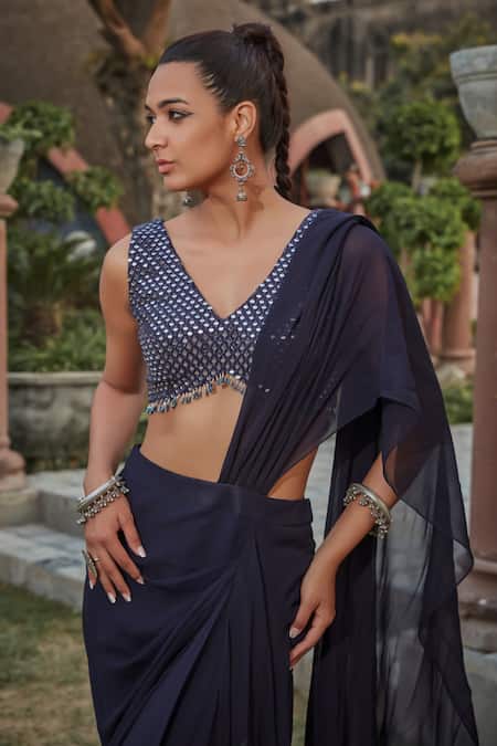Bohame_Blue Georgette Embroidery, Mirrors Maureen Plain Pre-draped Saree With Blouse _at_Aza_Fashions