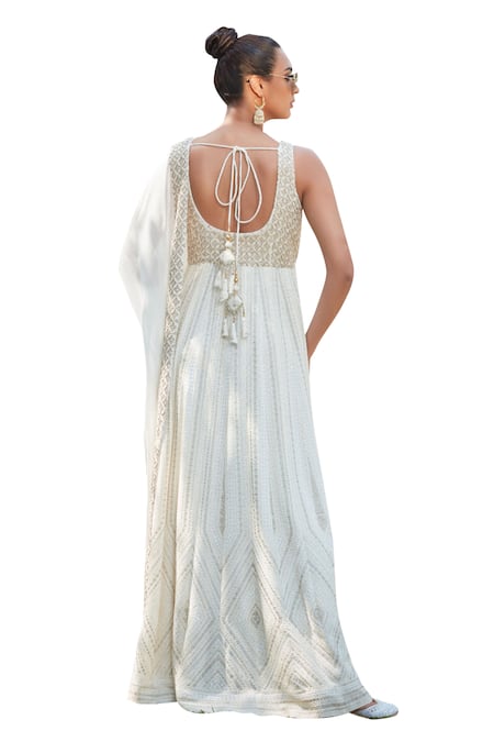 Bohame Ivory Georgette Chains, Aine Chikankari Embroidered Anarkali With Dupatta Online at Aza Fashions Bohame_Ivory Georgette Chains, Aine Chikankari Embroidered Anarkali With Dupatta _Online_at_Aza_Fashions
