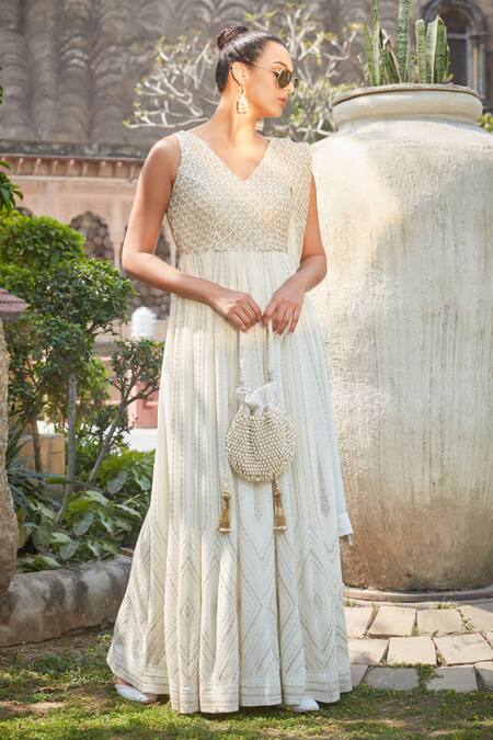 Shop Bohame Ivory Georgette Chains, Aine Chikankari Embroidered Anarkali With Dupatta Online at Aza Fashions Shop_Bohame_Ivory Georgette Chains, Aine Chikankari Embroidered Anarkali With Dupatta _Online_at_Aza_Fashions