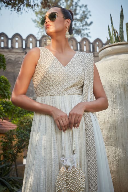 Bohame Ivory Georgette Chains, Aine Chikankari Embroidered Anarkali With Dupatta at Aza Fashions Bohame_Ivory Georgette Chains, Aine Chikankari Embroidered Anarkali With Dupatta _at_Aza_Fashions