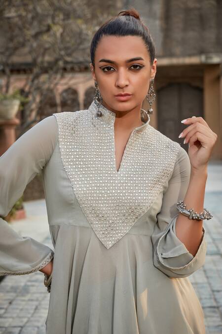 Bohame Grey Georgette Mirrors, Ennis Mirrorwork Embellished Asymmetric Tunic With Skirt Online at Aza Fashions Bohame_Grey Georgette Mirrors, Ennis Mirrorwork Embellished Asymmetric Tunic With Skirt _Online_at_Aza_Fashions