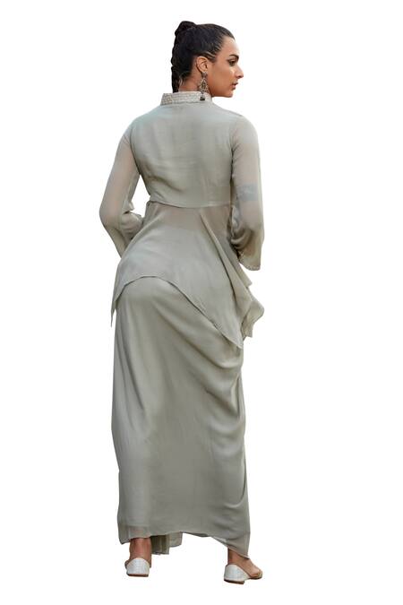 Bohame Grey Georgette Mirrors, Ennis Mirrorwork Embellished Asymmetric Tunic With Skirt at Aza Fashions Bohame_Grey Georgette Mirrors, Ennis Mirrorwork Embellished Asymmetric Tunic With Skirt _at_Aza_Fashions