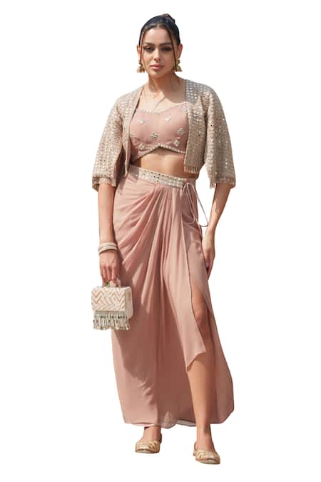 Bohame_Pink Georgette Embroidery, Mirrors Sweetheart Emer Embellished Cape Skirt Set _Online_at_Aza_Fashions