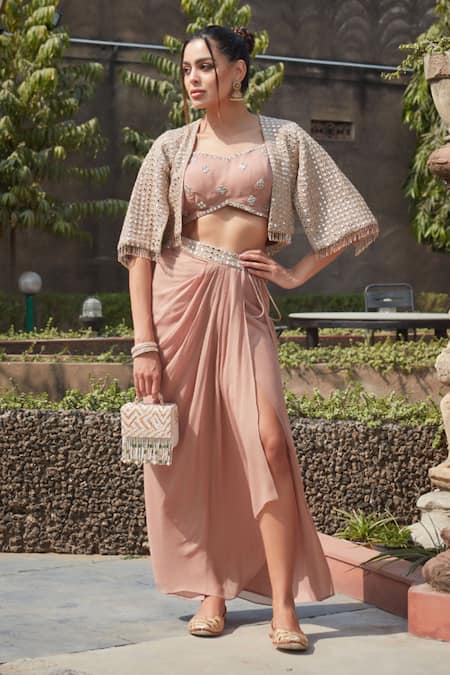 Buy_Bohame_Pink Georgette Embroidery, Mirrors Sweetheart Emer Embellished Cape Skirt Set _Online_at_Aza_Fashions