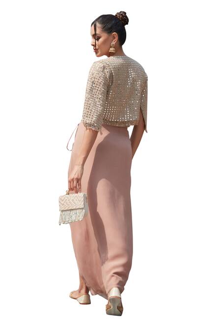 Shop_Bohame_Pink Georgette Embroidery, Mirrors Sweetheart Emer Embellished Cape Skirt Set _Online_at_Aza_Fashions