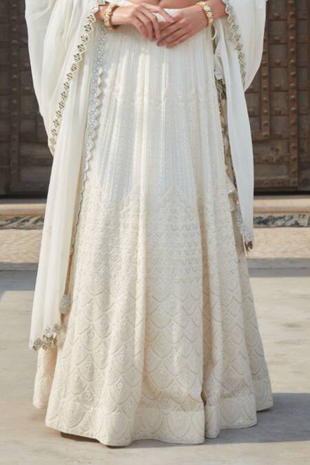 Bohame_Ivory Georgette Sequins, Mirrors V-neck Caitlin Scallop Chikankari Lehenga Set _Online_at_Aza_Fashions