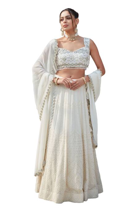 Buy_Bohame_Ivory Georgette Sequins, Mirrors V-neck Caitlin Scallop Chikankari Lehenga Set _Online_at_Aza_Fashions