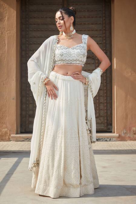 Shop_Bohame_Ivory Georgette Sequins, Mirrors V-neck Caitlin Scallop Chikankari Lehenga Set _Online_at_Aza_Fashions