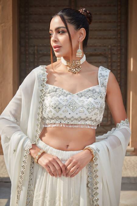 Bohame_Ivory Georgette Sequins, Mirrors V-neck Caitlin Scallop Chikankari Lehenga Set _at_Aza_Fashions