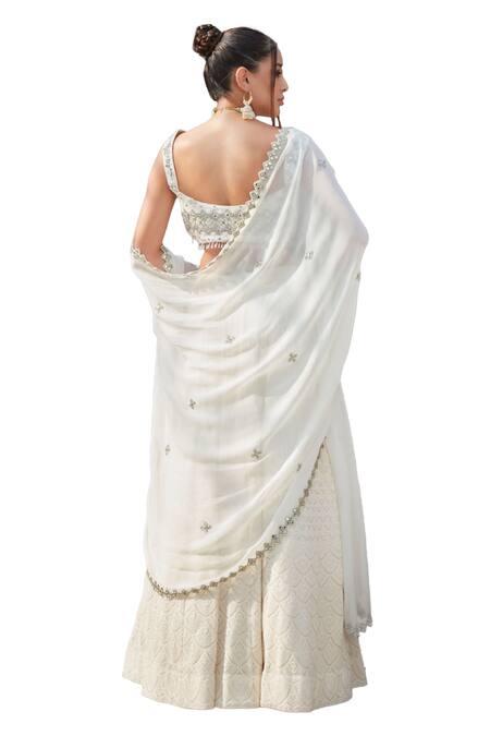 Buy_Bohame_Ivory Georgette Sequins, Mirrors V-neck Caitlin Scallop Chikankari Lehenga Set 