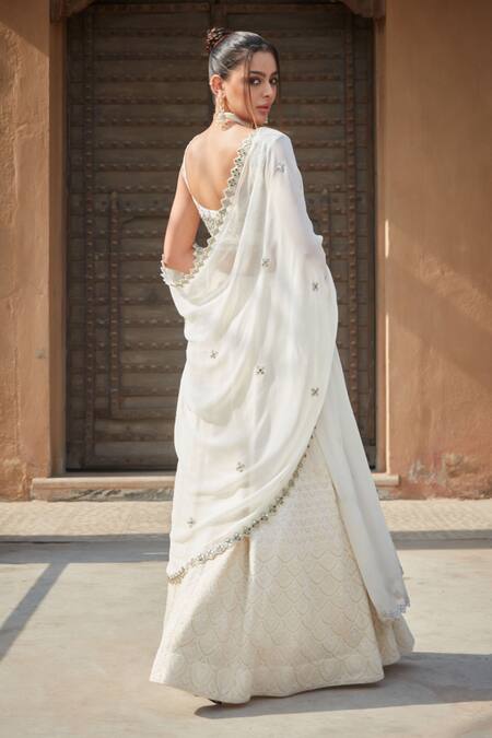 Shop_Bohame_Ivory Georgette Sequins, Mirrors V-neck Caitlin Scallop Chikankari Lehenga Set 