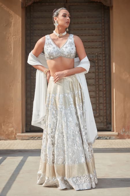 Bohame White Georgette Embroidered Sequin V-neck Mona Chikankari Lehenga Set 