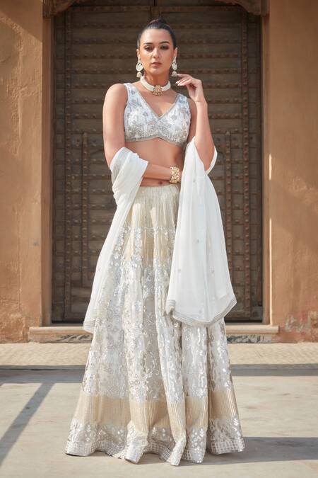 Bohame_White Georgette Sequins, Embroidery V-neck Mona Chikankari Lehenga Set _Online_at_Aza_Fashions