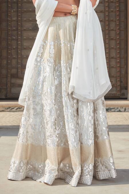 Buy_Bohame_White Georgette Sequins, Embroidery V-neck Mona Chikankari Lehenga Set _Online_at_Aza_Fashions