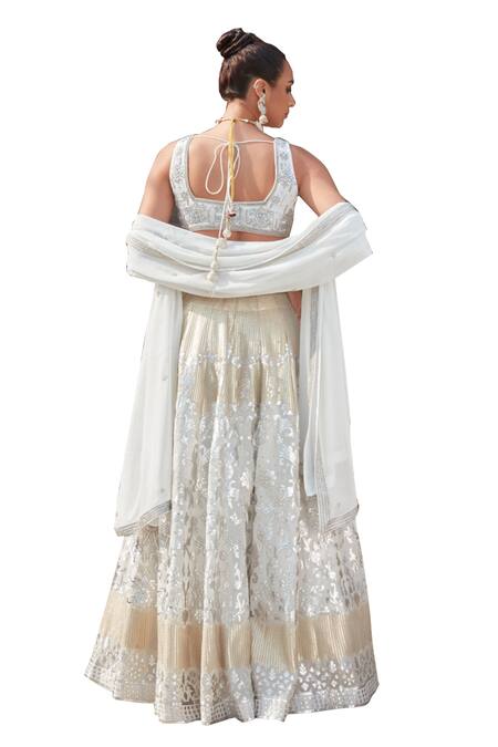 Shop_Bohame_White Georgette Sequins, Embroidery V-neck Mona Chikankari Lehenga Set _Online_at_Aza_Fashions