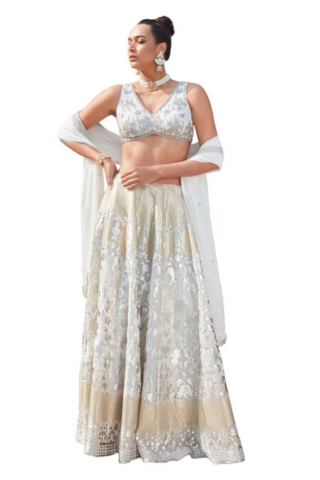 Buy_Bohame_White Georgette Sequins, Embroidery V-neck Mona Chikankari Lehenga Set 