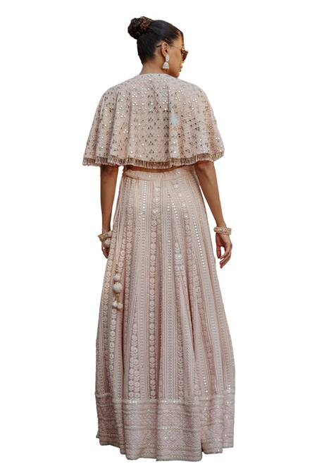 Bohame_Pink Georgette Sequins, Reily Floral Chikankari Embroidered Lehenga Cape Set _Online_at_Aza_Fashions