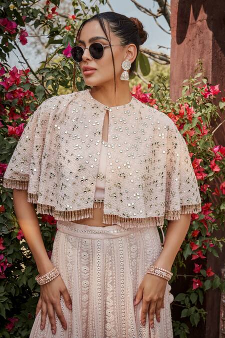 Buy_Bohame_Pink Georgette Sequins, Reily Floral Chikankari Embroidered Lehenga Cape Set _Online_at_Aza_Fashions