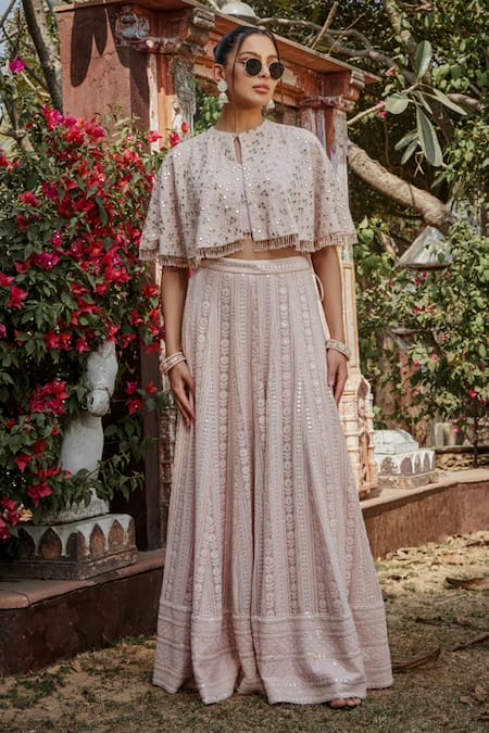 Shop_Bohame_Pink Georgette Sequins, Reily Floral Chikankari Embroidered Lehenga Cape Set _Online_at_Aza_Fashions