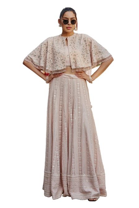 Bohame_Pink Georgette Sequins, Reily Floral Chikankari Embroidered Lehenga Cape Set _at_Aza_Fashions