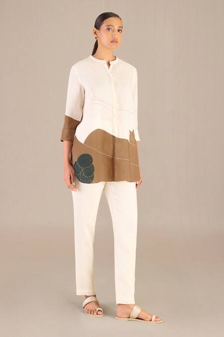 Shop Ampm Ivory Linen Bandeau Neck Shireen Abstract Pattern Shirt And Pant Set Online at Aza Fashions Shop_Ampm_Ivory Linen Bandeau Neck Shireen Abstract Pattern Shirt And Pant Set _Online_at_Aza_Fashions