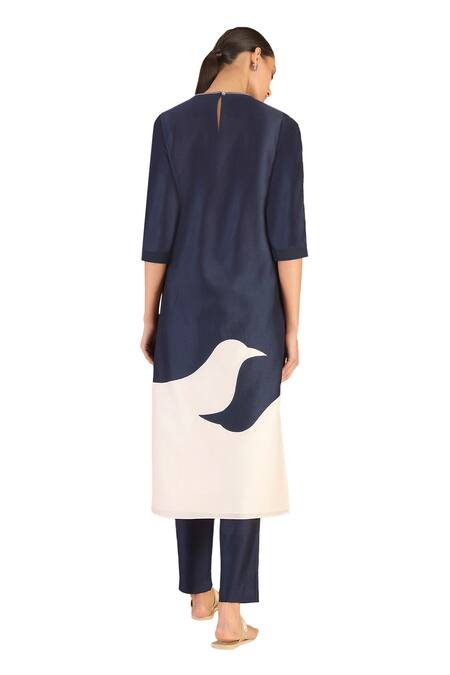 Ampm Blue Chanderi Round Neck Solid Kurta Set With Printed Dupatta at Aza Fashions Ampm_Blue Chanderi Round Neck Solid Kurta Set With Printed Dupatta_at_Aza_Fashions