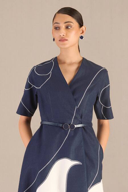 Ampm Blue Linen V-neck Seira Abstract Print Jacket And Skirt Set Online at Aza Fashions Ampm_Blue Linen V-neck Seira Abstract Print Jacket And Skirt Set _Online_at_Aza_Fashions