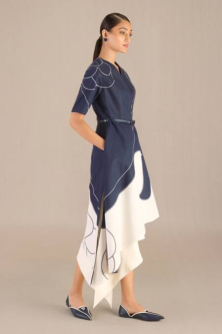 Shop Ampm Blue Linen V-neck Seira Abstract Print Jacket And Skirt Set Online at Aza Fashions Shop_Ampm_Blue Linen V-neck Seira Abstract Print Jacket And Skirt Set _Online_at_Aza_Fashions