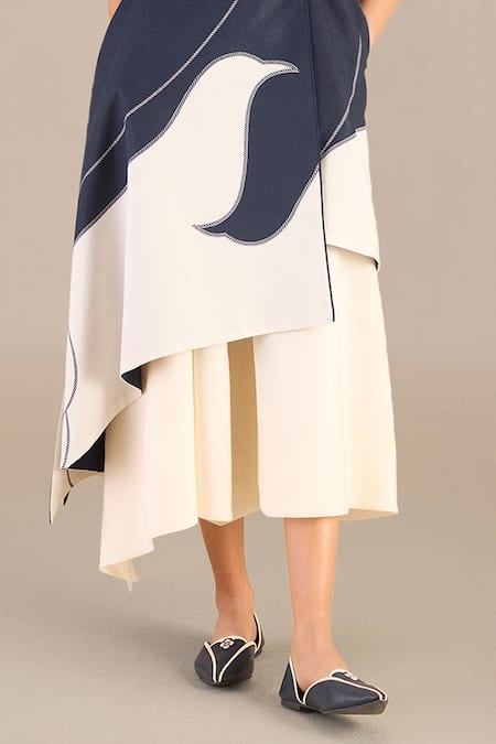 Ampm_Blue Linen V-neck Seira Abstract Pattern Jacket And Skirt Set _Online_at_Aza_Fashions