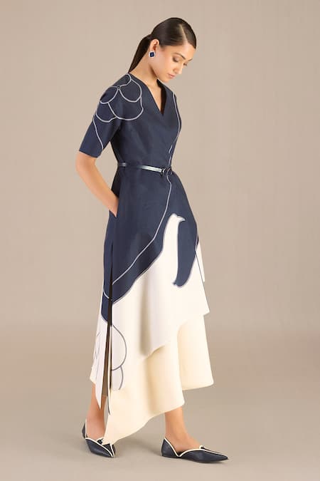 Shop_Ampm_Blue Linen V-neck Seira Abstract Pattern Jacket And Skirt Set _Online_at_Aza_Fashions
