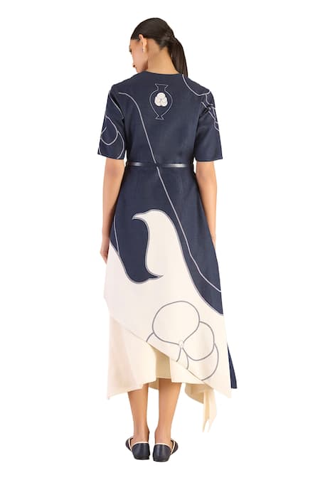 Ampm_Blue Linen V-neck Seira Abstract Pattern Jacket And Skirt Set _at_Aza_Fashions