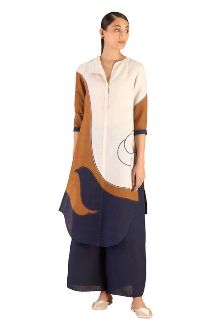 Shop Ampm Beige Linen Collared Kara Abstract Print Tunic And Palazzo Set Online at Aza Fashions Shop_Ampm_Beige Linen Collared Kara Abstract Print Tunic And Palazzo Set _Online_at_Aza_Fashions