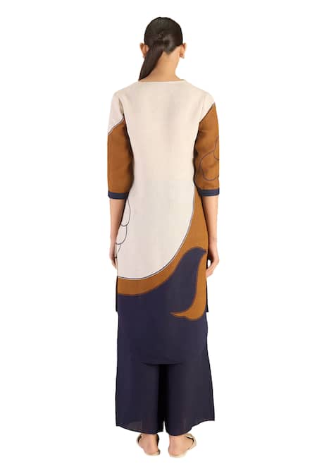 Buy Ampm Beige Linen Collared Kara Abstract Print Tunic And Palazzo Set Buy_Ampm_Beige Linen Collared Kara Abstract Print Tunic And Palazzo Set