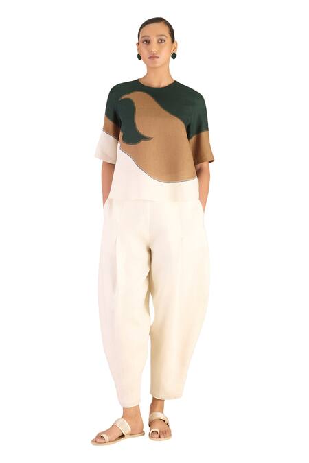 Ampm_Ivory Linen Round Neck Abstract Print Top And Dhoti Pant Set_Online_at_Aza_Fashions