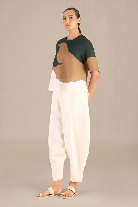 Buy_Ampm_Ivory Linen Round Neck Abstract Print Top And Dhoti Pant Set_Online_at_Aza_Fashions