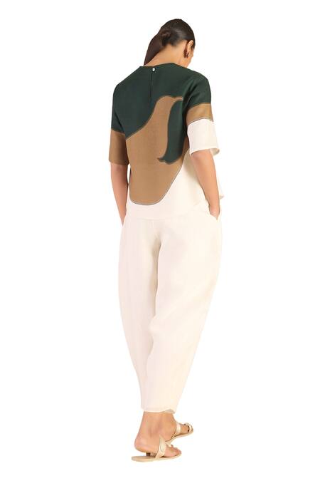 Shop_Ampm_Ivory Linen Round Neck Abstract Print Top And Dhoti Pant Set_Online_at_Aza_Fashions