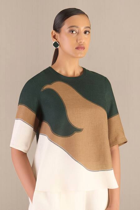 Ampm_Ivory Linen Round Neck Abstract Print Top And Dhoti Pant Set_at_Aza_Fashions